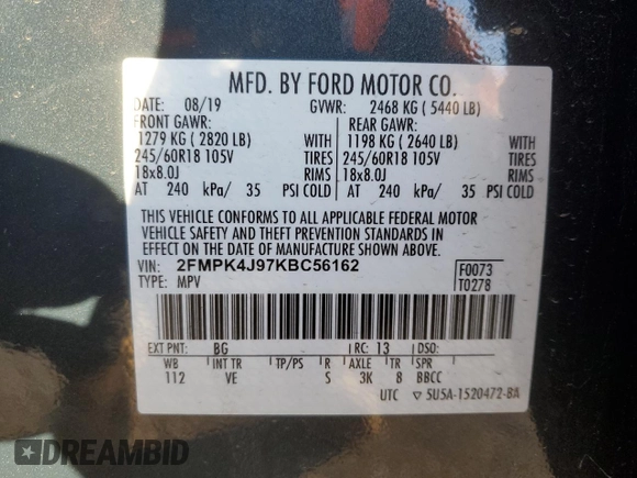 2019 Ford Edge SEL with VIN 2FMPK4J97KBC56162, listed as a Copart auction lot 43046245 with 34,807 mi miles and Non repairable. Bid and sale history available at DreamBid. Image 15.