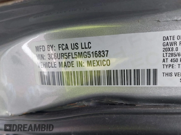 2021 Ram 2500 Laramie with VIN 3C6UR5FL5MG516837, listed as a IAAI auction lot 41989648 with Not provided miles and . Bid and sale history available at DreamBid. Image 9.