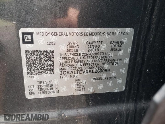 2019 GMC Terrain SLE with VIN 3GKALTEVXKL260059, listed as a Copart auction lot 46931035 with 51,808 mi miles and Salvage Title. Bid and sale history available at DreamBid. Image 15.