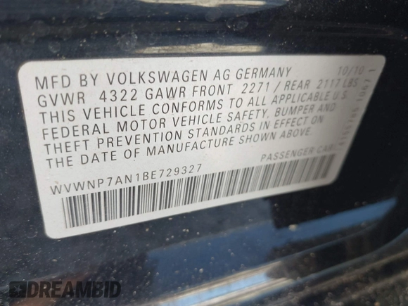 2011 Volkswagen CC Sport с VIN WVWNP7AN1BE729327, выставлен на аукционе IAAI как лот 42192170 с пробегом 144 146 миль миль и . История ставок и продаж доступна на DreamBid. Изображение 9.