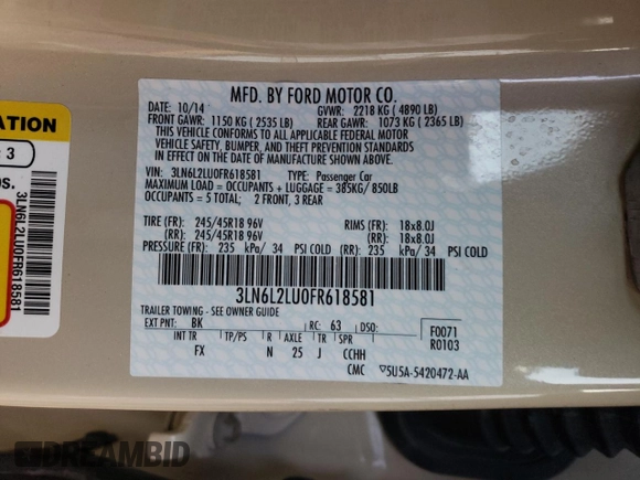2015 Lincoln MKZ Hybrid with VIN 3LN6L2LU0FR618581, listed as a Copart auction lot 50064805 with 71,049 mi miles and Salvage Title. Bid and sale history available at carsss.com. Image 13.