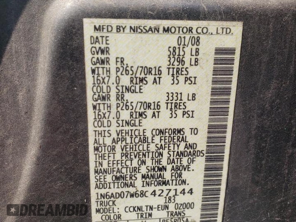 2008 Nissan Frontier SE with VIN 1N6AD07W68C427144, listed as a Copart auction lot 56782685 with 177,999 mi miles and Salvage title. Bid and sale history available at DreamBid. Image 12.
