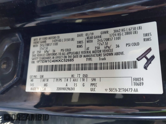 2019 Ford F-150 XL with VIN 1FTEW1C40KKC52685, listed as a IAAI auction lot 41380536 with 117,655 mi miles and . Bid and sale history available at DreamBid. Image 9.