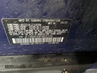 2023 Subaru WRX Premium with VIN JF1VBAF69P9820106, listed as a Copart auction lot 58818465 with 23,716 mi miles and Salvage title. Bid and sale history available at DreamBid. Image 12.
