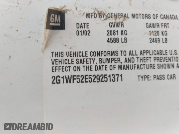 2002 Chevrolet Impala with VIN 2G1WF52E529251371, listed as a IAAI auction lot 42559843 with 158,865 mi miles and . Bid and sale history available at DreamBid. Image 9.