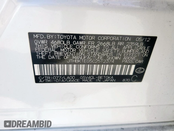 2012 Lexus ES with VIN JTHBK1EG5C2512374, listed as a Copart auction lot 47003715 with 148,937 mi miles and Salvage Title. Bid and sale history available at carsss.com. Image 14.