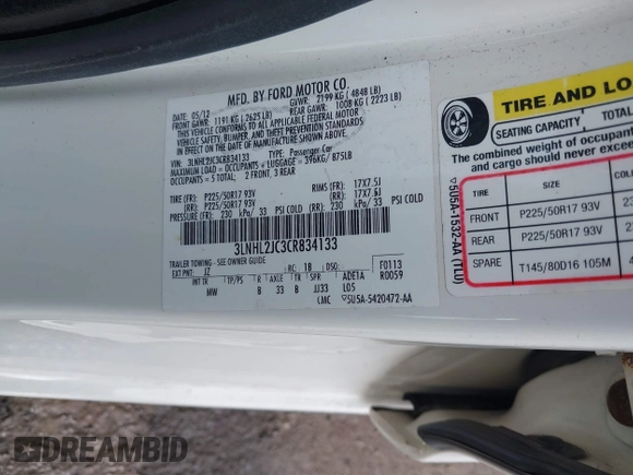 2012 Lincoln MKZ with VIN 3LNHL2JC3CR834133, listed as a IAAI auction lot 42031211 with 111,774 mi miles. Bid and sale history available at carsss.com. Image 9.