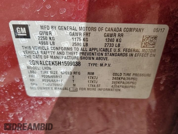 2017 Chevrolet Equinox LT with VIN 2GNALCEK5H1599038, listed as a Copart auction lot 49425885 with 144,310 mi miles and Salvage Title. Bid and sale history available at carsss.com. Image 14.