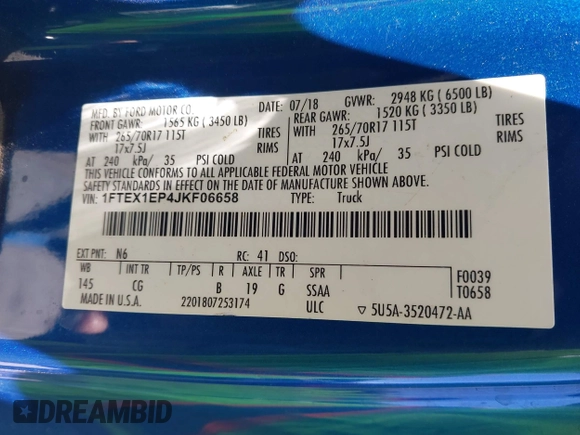 2018 Ford F-150 XL with VIN 1FTEX1EP4JKF06658, listed as a IAAI auction lot 42676920 with 116,950 mi miles and . Bid and sale history available at DreamBid. Image 9.