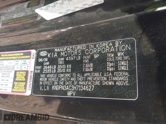 2017 Kia Sportage EX with VIN KNDPN3AC3H7134627, listed as a IAAI auction lot 42136211 with Not provided miles and . Bid and sale history available at DreamBid. Image 9.