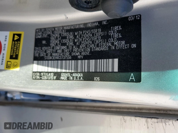 2012 Toyota Highlander Limited z VIN 5TDDK3EHXCS137556, wystawiony jako Copart lot #57882905 z przebiegiem Nie podano mil oraz Szkoda całkowita • Salvage title. Historia ofert i sprzedaży dostępna na DreamBid. Obrazek 14.