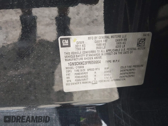 2015 Chevrolet Suburban LTZ с VIN 1GNSCKKC3FR659964, выставлен на аукционе IAAI как лот 42585514 с пробегом 126 190 миль миль и . История ставок и продаж доступна на DreamBid. Изображение 9.