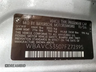 2007 BMW 3 Series 328i with VIN WBAVC53507FZ72395, listed as a Copart auction lot 52431745 with 149,634 mi miles and Salvage Title. Bid and sale history available at carsss.com. Image 12.