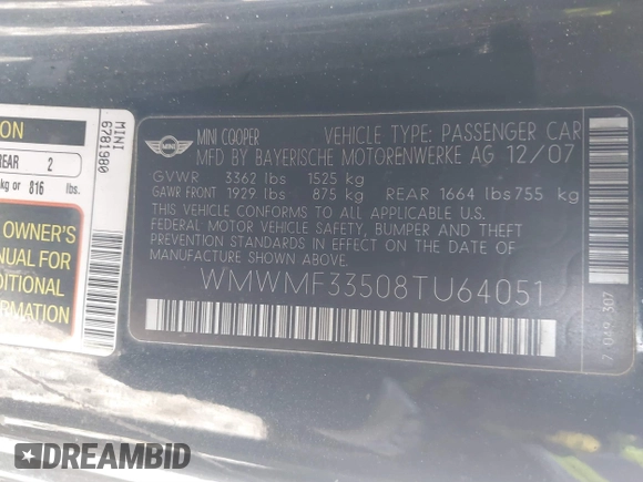2008 MINI Hardtop with VIN WMWMF33508TU64051, listed as a IAAI auction lot 41485793 with Not Provided miles and . Bid and sale history available at DreamBid. Image 9.