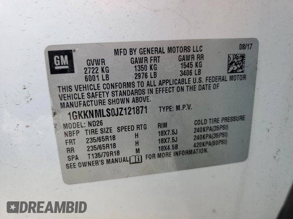 2018 GMC Acadia SLT z VIN 1GKKNMLS0JZ121871, wystawiony jako Copart lot #56354065 z przebiegiem 122 246 mil mil oraz Nie do naprawy • Non repairable. Historia ofert i sprzedaży dostępna na DreamBid. Obrazek 13.