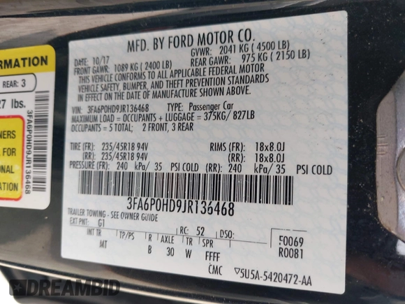 2018 Ford Fusion SE with VIN 3FA6P0HD9JR136468, listed as a IAAI auction lot 41908198 with 139,415 mi miles. Bid and sale history available at carsss.com. Image 9.