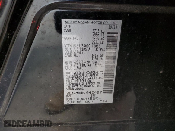 2014 Nissan Pathfinder Platinum with VIN 5N1AR2MM4EC642497, listed as a Copart auction lot 52933525 with 102,388 mi miles and Clean title. Bid and sale history available at DreamBid. Image 15.
