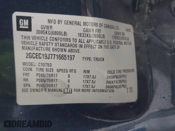 2007 Chevrolet Silverado 1500 LT w/1LT with VIN 2GCEC19J771665197, listed as a IAAI auction lot 41725768 with 122,855 mi miles. Bid and sale history available at carsss.com. Image 9.