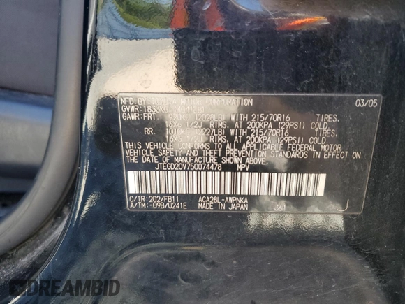 2005 Toyota RAV4 with VIN JTEGD20V750074478, listed as a Copart auction lot 49474515 with 151,829 mi miles and Salvage Title. Bid and sale history available at DreamBid. Image 12.