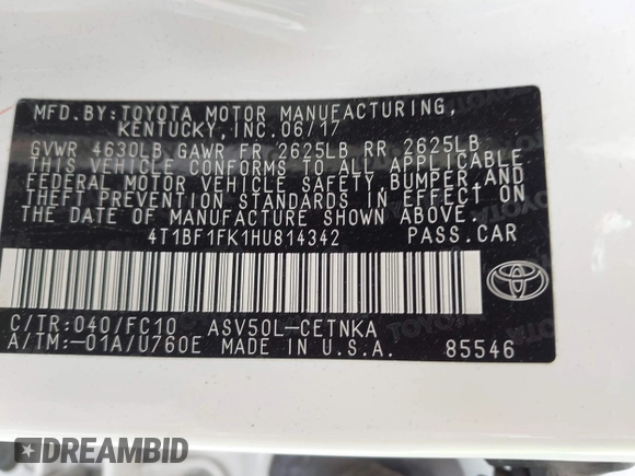 2017 Toyota Camry XLE z VIN 4T1BF1FK1HU814342, wystawiony jako IAAI lot #42433534 z przebiegiem 24 873 mil mil oraz . Historia ofert i sprzedaży dostępna na DreamBid. Obrazek 9.