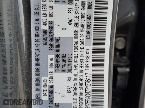 2023 Mazda 3 S Preferred with VIN 3MZBPACM7PM376417, listed as a Copart auction lot 42827385 with 17,690 mi miles and Non Repairable. Bid and sale history available at DreamBid. Image 12.