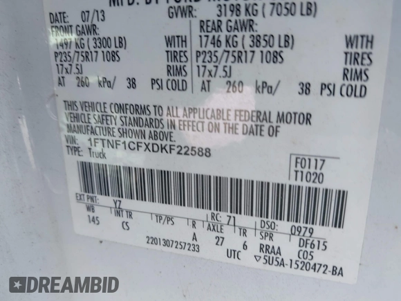 2013 Ford F-150 XL with VIN 1FTNF1CFXDKF22588, listed as a IAAI auction lot 41912246 with 124,416 mi miles. Bid and sale history available at carsss.com. Image 9.