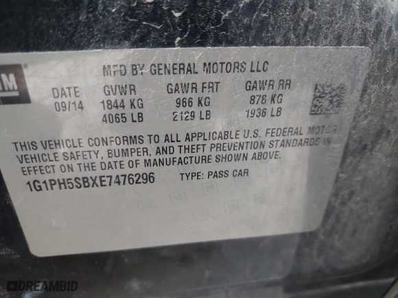 2014 Chevrolet Cruze ECO with VIN 1G1PH5SBXE7476296, listed as a IAAI auction lot 41892997 with 102,143 mi miles. Bid and sale history available at carsss.com. Image 9.