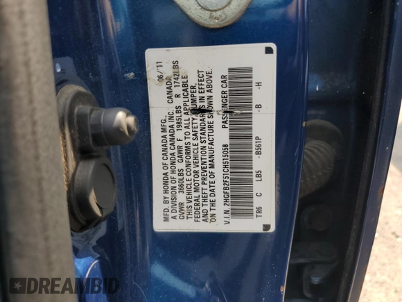 2012 Honda Civic LX с VIN 2HGFB2F51CH515058, выставлен на аукционе Copart как лот 60691465 с пробегом 6 009 миль миль и Чистый • Clean title. История ставок и продаж доступна на DreamBid. Изображение 12.