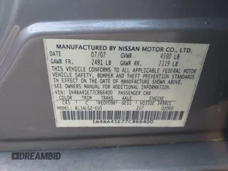 2007 Nissan Maxima 3.5 SE with VIN 1N4BA41E77C866400, listed as a IAAI auction lot 41710836 with 183,604 mi miles. Bid and sale history available at carsss.com. Image 9.