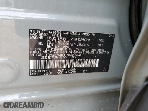 2021 Toyota RAV4 XLE Premium with VIN 2T3C1RFV5MW122775, listed as a Copart auction lot 53689075 with 69,358 mi miles and Salvage title. Bid and sale history available at DreamBid. Image 14.