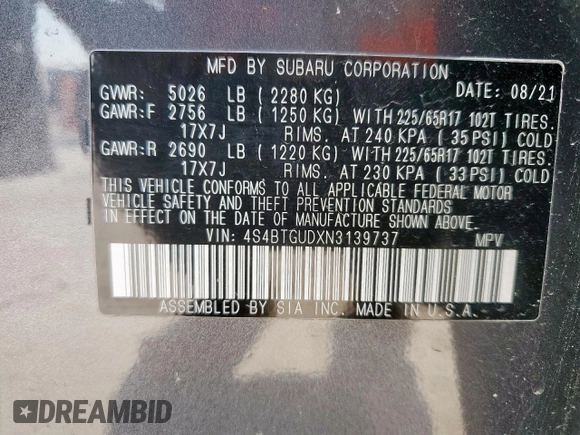 2022 Subaru Outback Wilderness with VIN 4S4BTGUDXN3139737, listed as a Copart auction lot 59183615 with 57,669 mi miles and Salvage title. Bid and sale history available at DreamBid. Image 13.