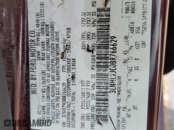 2011 Lincoln MKZ with VIN 3LNHL2JC0BR766629, listed as a Copart auction lot 56338015 with 118,728 mi miles and Salvage title. Bid and sale history available at DreamBid. Image 12.