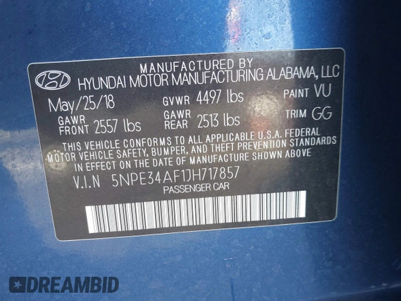 2018 Hyundai Sonata SEL with VIN 5NPE34AF1JH717857, listed as a IAAI auction lot 41210948 with 98,174 mi miles and . Bid and sale history available at DreamBid. Image 9.