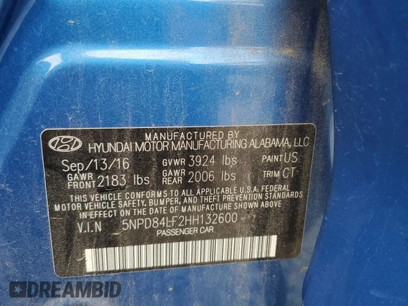 2017 Hyundai Elantra Limited with VIN 5NPD84LF2HH132600, listed as a Copart auction lot 61358095 with 62,699 mi miles and Salvage title. Bid and sale history available at DreamBid. Image 13.