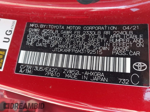 2021 Toyota Prius LE with VIN JTDKAMFP6M3192515, listed as a IAAI auction lot 42302003 with 74,247 mi miles and . Bid and sale history available at DreamBid. Image 9.
