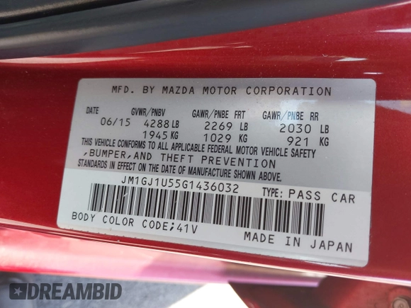 2016 Mazda 6 i Sport with VIN JM1GJ1U55G1436032, listed as a IAAI auction lot 41547828 with 114,637 mi miles and . Bid and sale history available at carsss.com. Image 9.