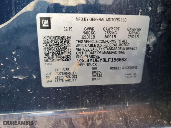2020 Chevrolet Silverado 3500HD LTZ with VIN 1GC4YUEY8LF186663, listed as a Copart auction lot 43202565 with 161,962 mi miles and Non Repairable. Bid and sale history available at carsss.com. Image 12.