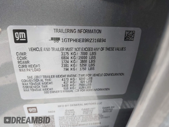 2024 GMC Sierra 1500 with VIN 1GTPHBE89RZ316894, listed as a IAAI auction lot 41494310 with 10,558 mi miles and . Bid and sale history available at DreamBid. Image 9.