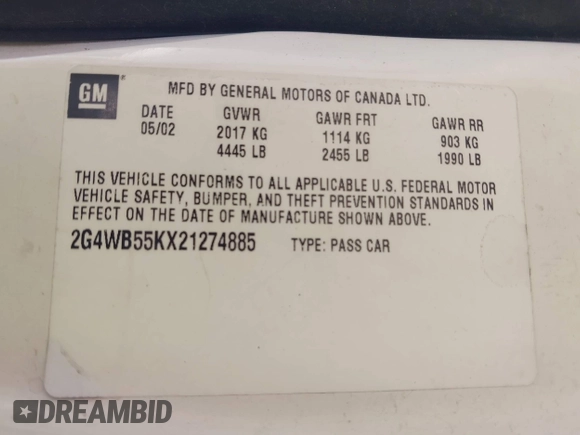 2002 Buick Regal LS с VIN 2G4WB55KX21274885, выставлен на аукционе IAAI как лот 42206272 с пробегом 126 509 миль миль и . История ставок и продаж доступна на DreamBid. Изображение 9.