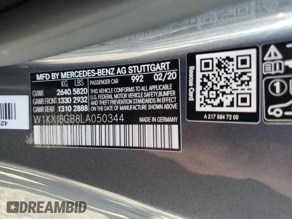 2020 MERCEDES-BENZ S-CLASS 560 4MATIC with VIN W1KXJ8GB8LA050344, listed as a Copart auction lot 73871754 with Not Provided miles and Non Repairable. Bid and sale history available at DreamBid. Image 13.