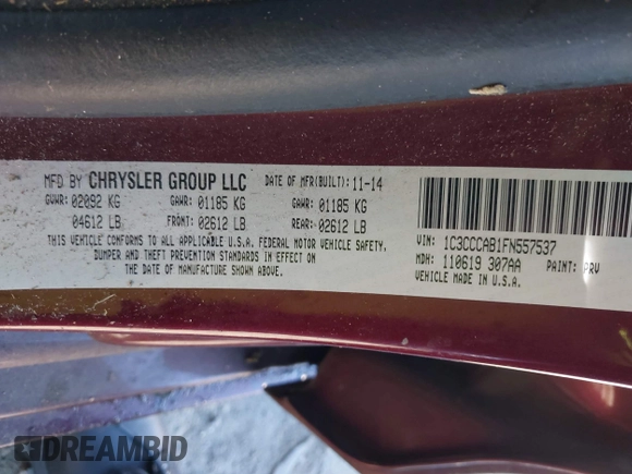 2015 Chrysler 200 Limited with VIN 1C3CCCAB1FN557537, listed as a IAAI auction lot 40841537 with 100,392 mi miles and . Bid and sale history available at carsss.com. Image 9.