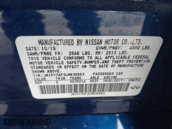 2020 Infiniti Q50 Red Sport 400 with VIN JN1FV7AP3LM630563, listed as a IAAI auction lot 42000146 with 63,327 mi miles and . Bid and sale history available at carsss.com. Image 9.
