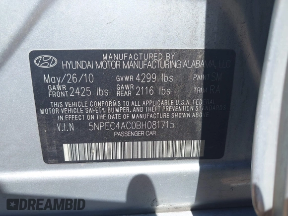 2011 Hyundai Sonata Limited with VIN 5NPEC4AC0BH081715, listed as a IAAI auction lot 42039272 with 136,997 mi miles and . Bid and sale history available at carsss.com. Image 9.