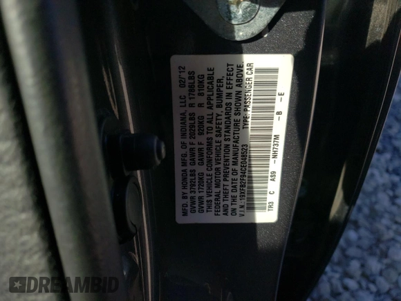 2012 Honda Civic EX-L with VIN 19XFB2F94CE048523, listed as a Copart auction lot 77019404 with 210,391 mi miles and Salvage Title. Bid and sale history available at DreamBid. Image 12.