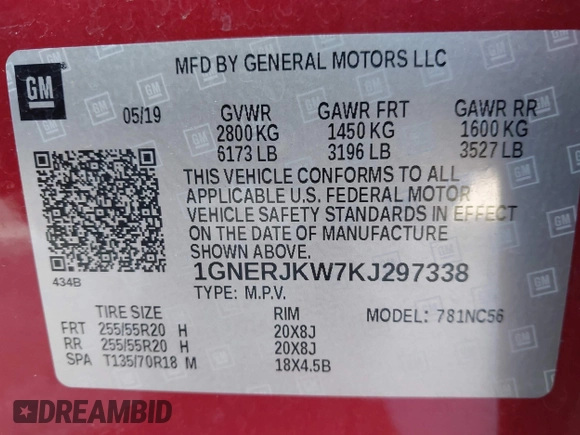 2019 Chevrolet Traverse RS z VIN 1GNERJKW7KJ297338, wystawiony jako IAAI lot #41813089 z przebiegiem 46 311 mil mil oraz . Historia ofert i sprzedaży dostępna na DreamBid. Obrazek 9.