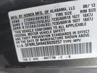2014 Honda Odyssey Touring with VIN 5FNRL5H94EB020257, listed as a IAAI auction lot 41924245 with 204,526 mi miles and . Bid and sale history available at DreamBid. Image 9.