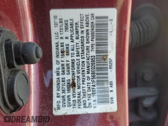 2011 Honda Civic LX with VIN 19XFA1F56BE026953, listed as a Copart auction lot 53395815 with 167,591 mi miles and Salvage Title. Bid and sale history available at DreamBid. Image 14.