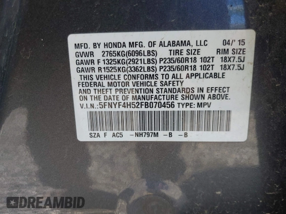 2015 Honda Pilot EX-L with VIN 5FNYF4H52FB070456, listed as a IAAI auction lot 41247639 with 182,998 mi miles and . Bid and sale history available at carsss.com. Image 9.