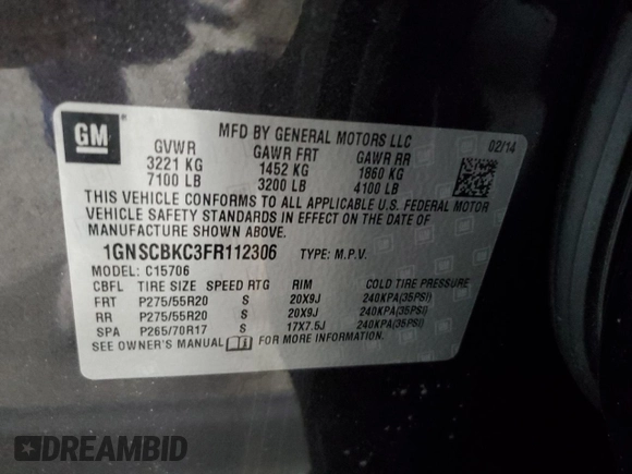 2015 Chevrolet Tahoe LT with VIN 1GNSCBKC3FR112306, listed as a Copart auction lot 51282355 with 136,492 mi miles and Salvage Title. Bid and sale history available at DreamBid. Image 13.