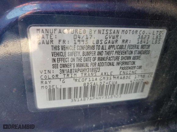 2017 Nissan Sentra SV with VIN 3N1AB7AP4HY318923, listed as a Copart auction lot 80861184 with 99,492 mi miles and Salvage Title. Bid and sale history available at carsss.com. Image 13.